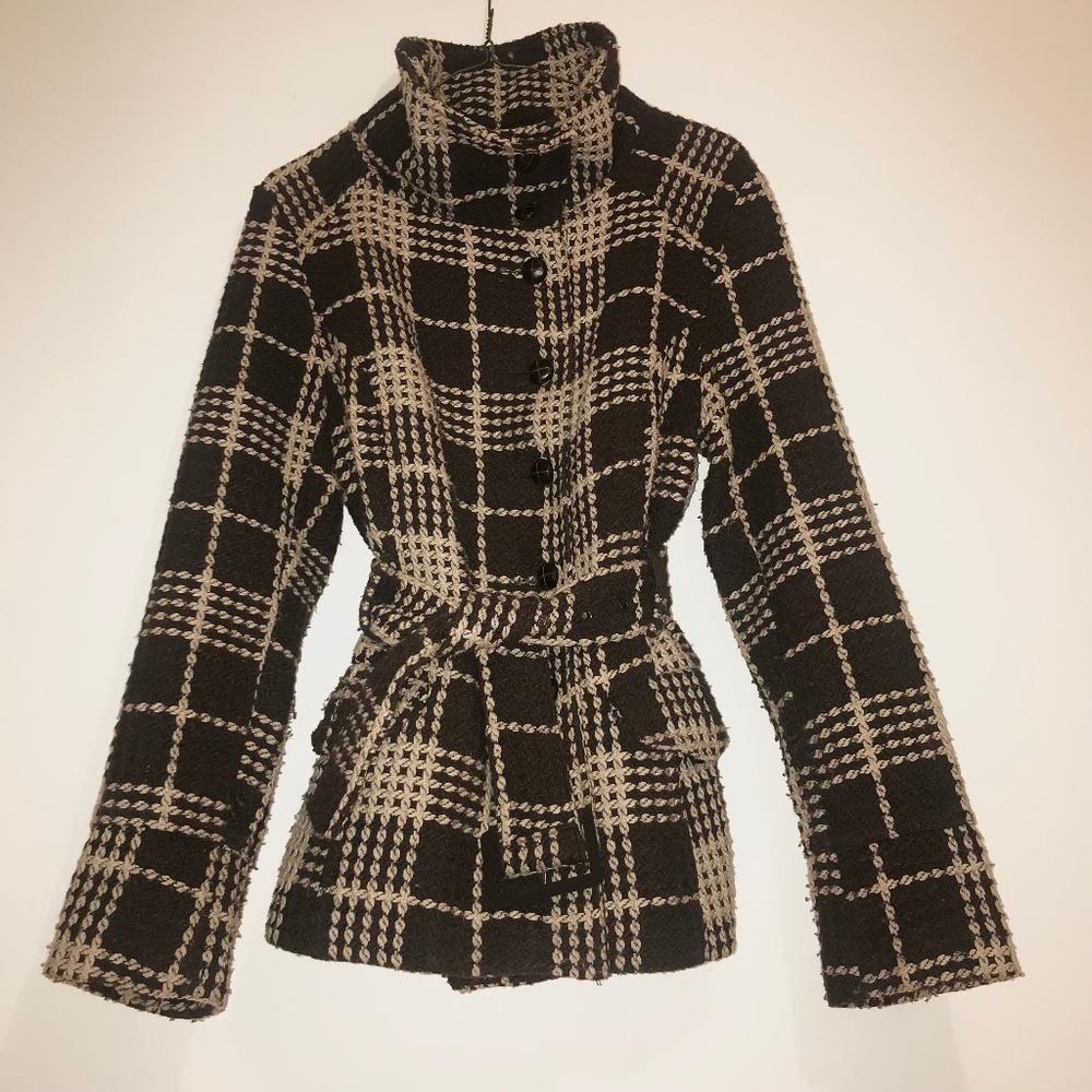 VTG Last Kiss Chocolate Brown Plaid Wool Blend Trench Coat Funnel Neck Small Y2K